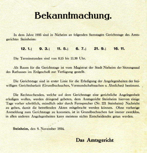 Bekanntmachung über die Gerichtstage in Nieheim aus dem Jahre 1934
