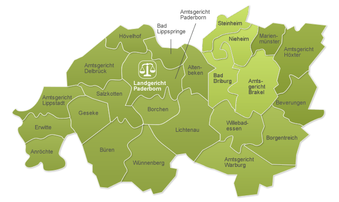 Zuständigkeitsbereich des Amtsgerichts Brakel innerhalb des Landgerichtsbezirks Paderborn